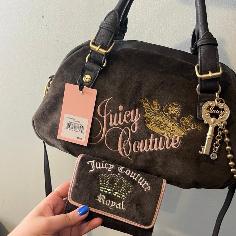 Juicy Couture Brown Suede Satchel with Pink Embroidery and Gold Accents